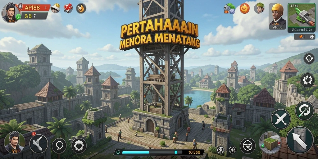 Screenshot gameplay menunjukkan menara yang siap menghadapi gelombang musuh.
