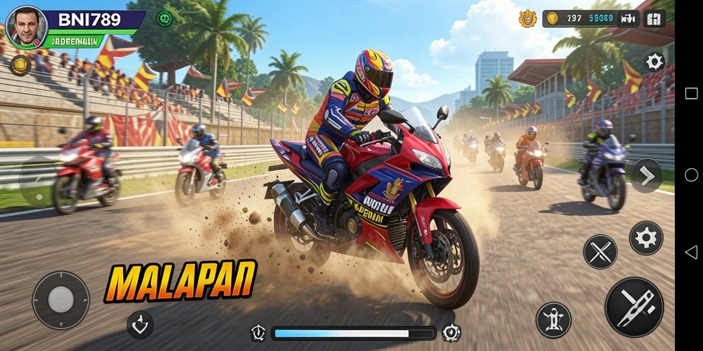 Tangkapan layar menampilkan gameplay seru BNI789 dengan motor melaju kencang.