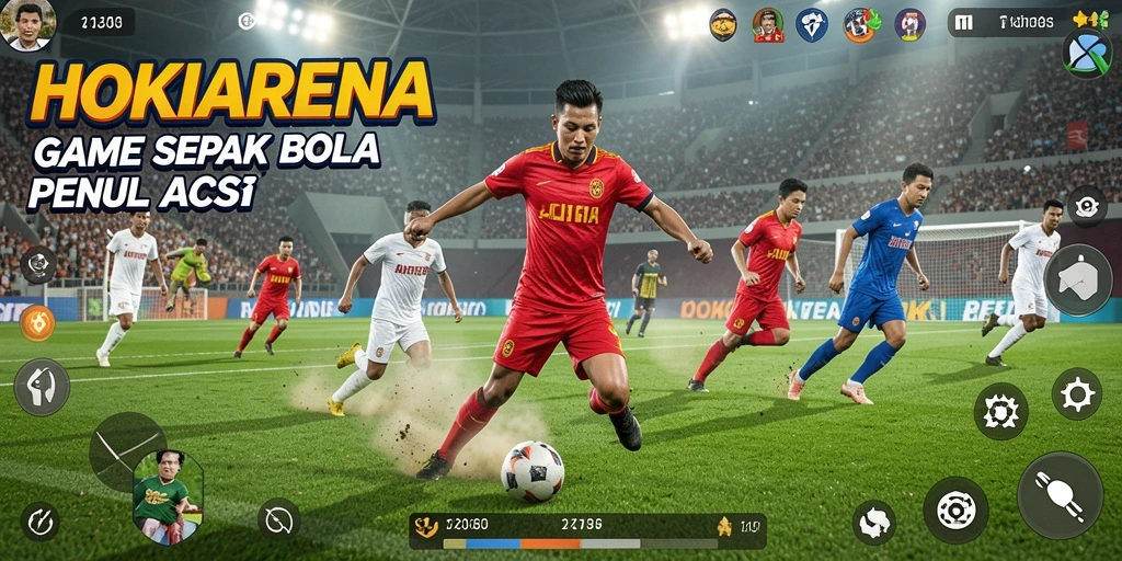 Screenshot HOKIARENA menampilkan aksi seru di lapangan sepak bola.