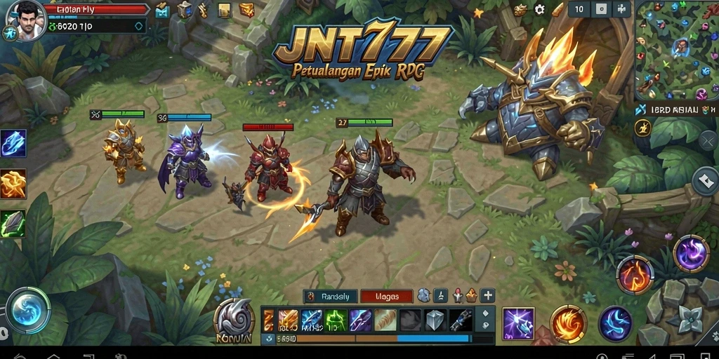 Tangkapan layar utama JNT777 menampilkan aksi pertempuran seru dalam dunia RPG.