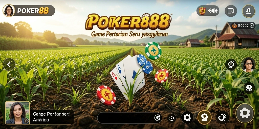 Screenshot utama POKER88 menampilkan ladang yang subur dengan tanaman yang siap dipanen.
