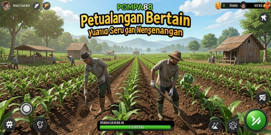 Screenshot utama POMPA88 menampilkan ladang subur dan hewan ternak yang beragam.