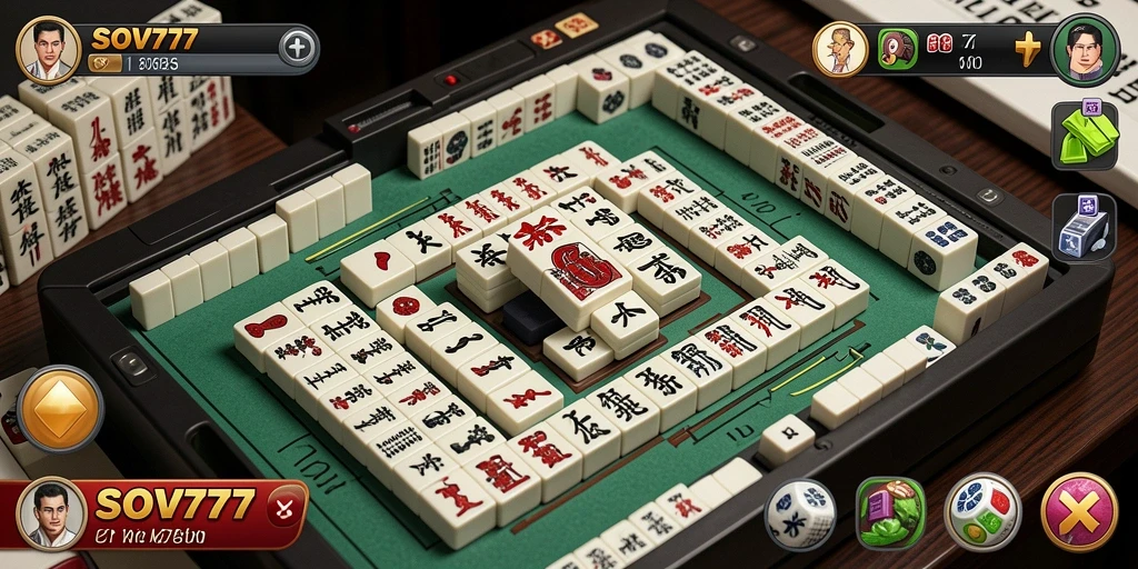 Screenshot gameplay SOV777 menampilkan papan Mahjong yang penuh warna.